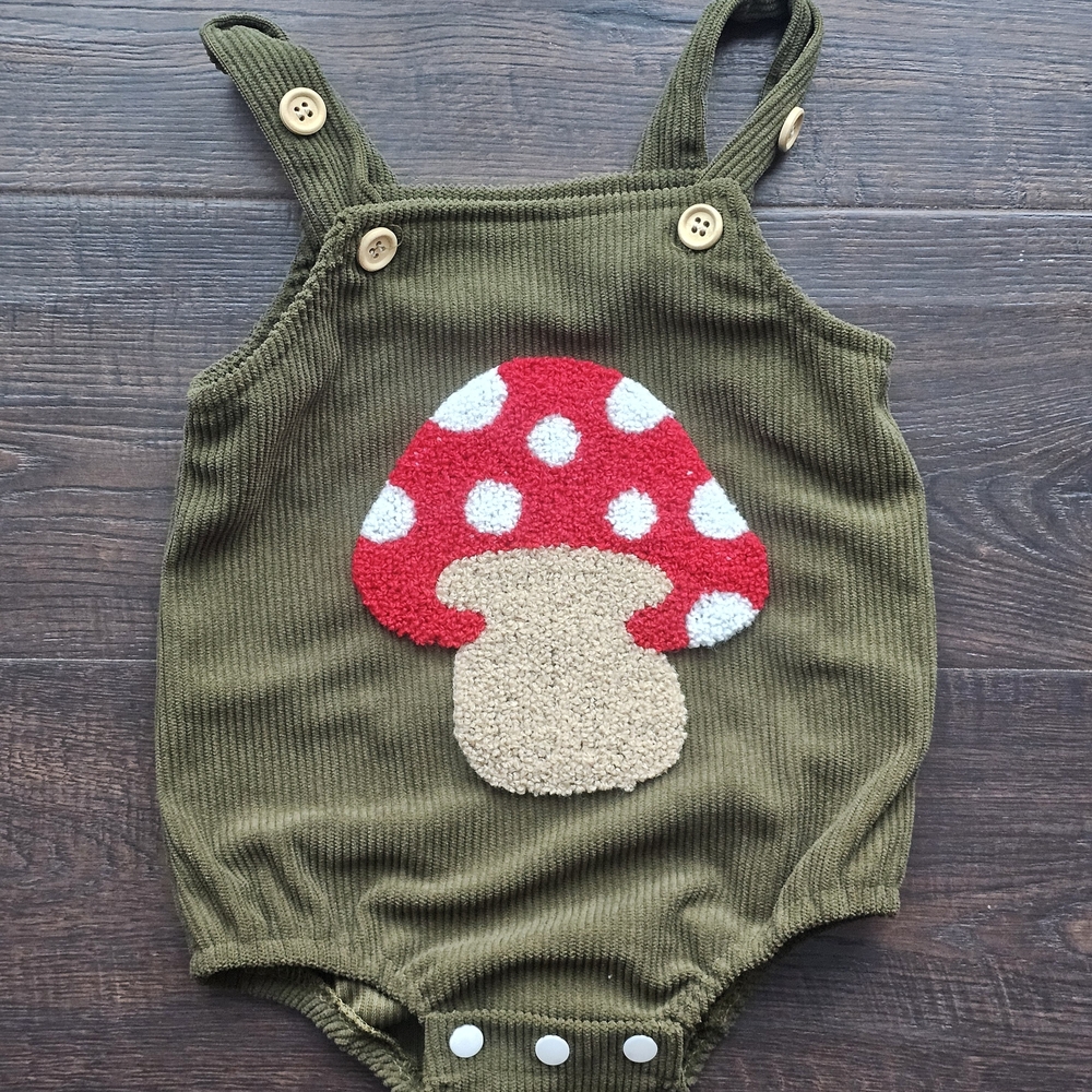 Adorable Olive Green Baby Romper with Mushroom Design